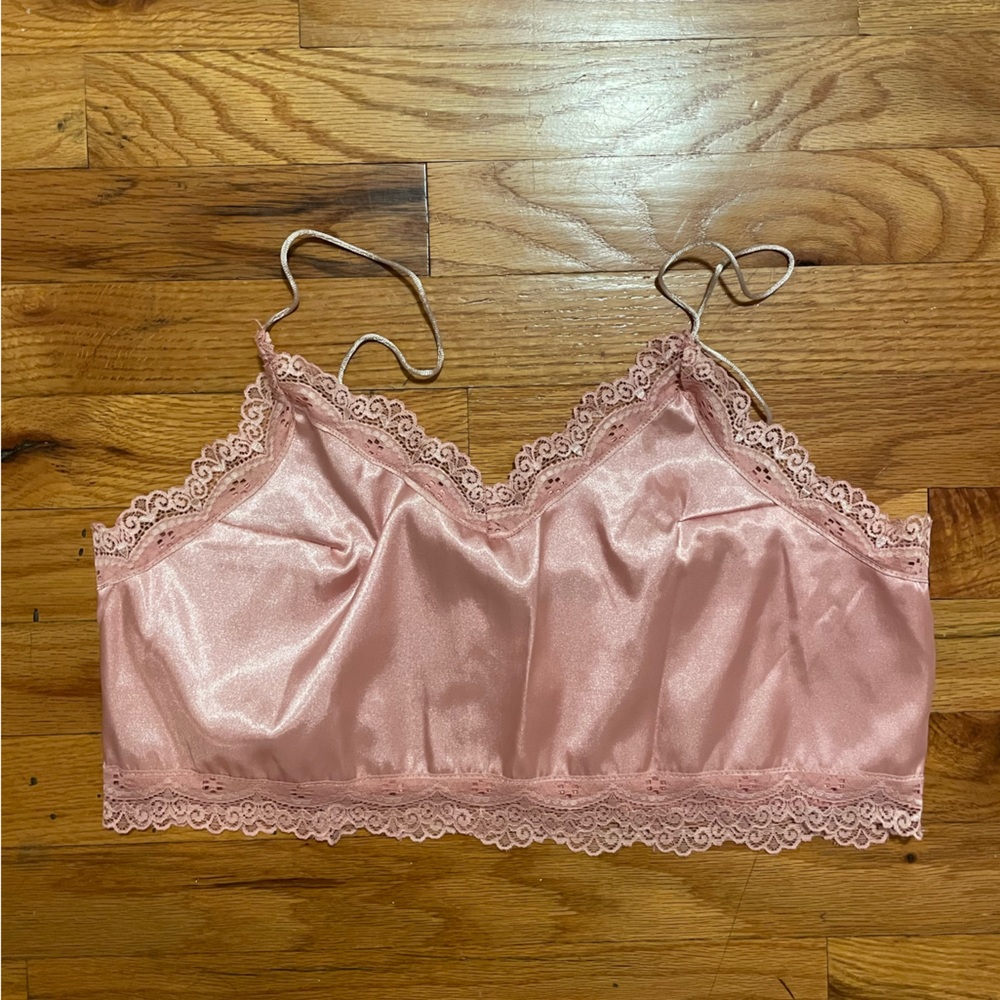 Silky pink crop top with lace detail